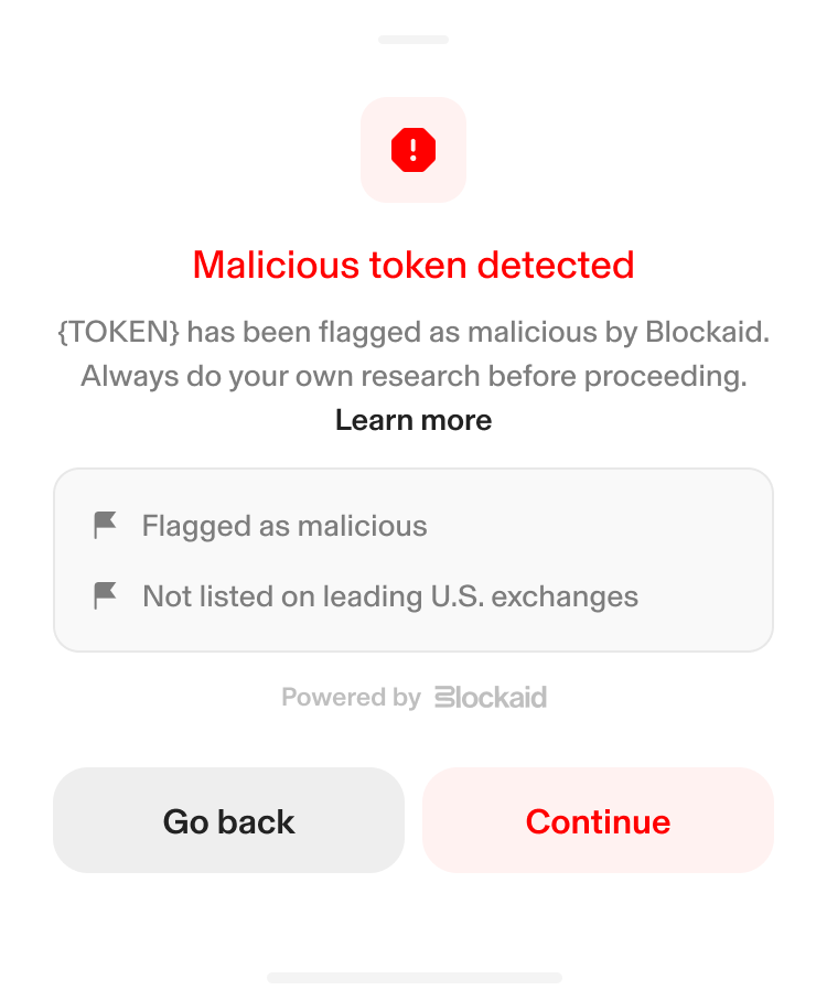 Malicious token warning